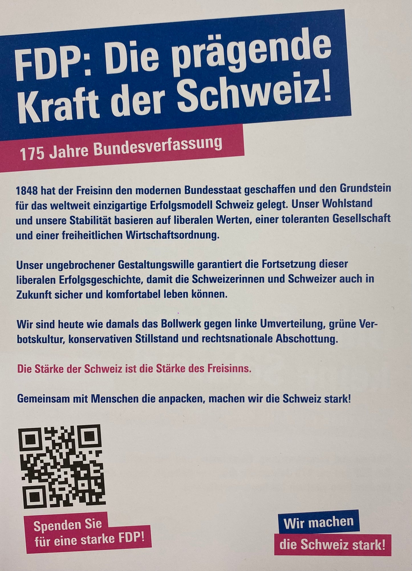Flyer Ohne Freisinn, keine Schweiz!